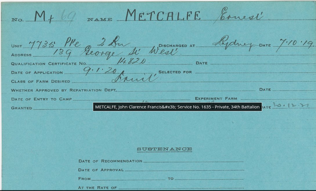 Soldier settlement card